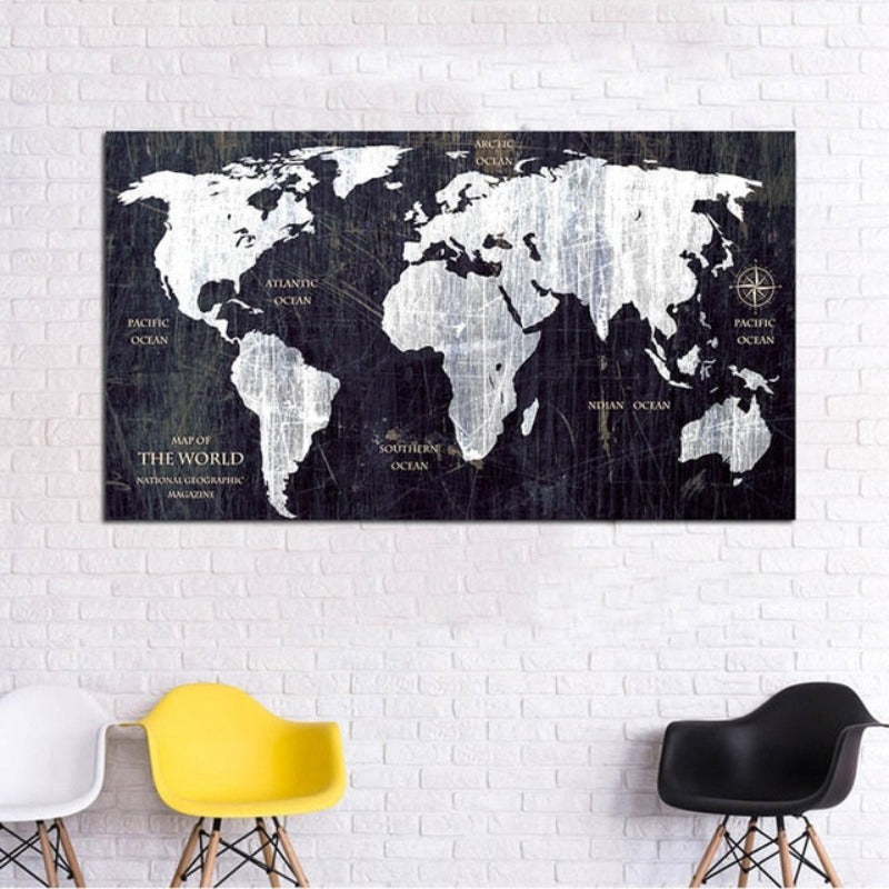Vintage Black And White World Map Posters Prints - Canvas Wall Art Painting | Bowlift