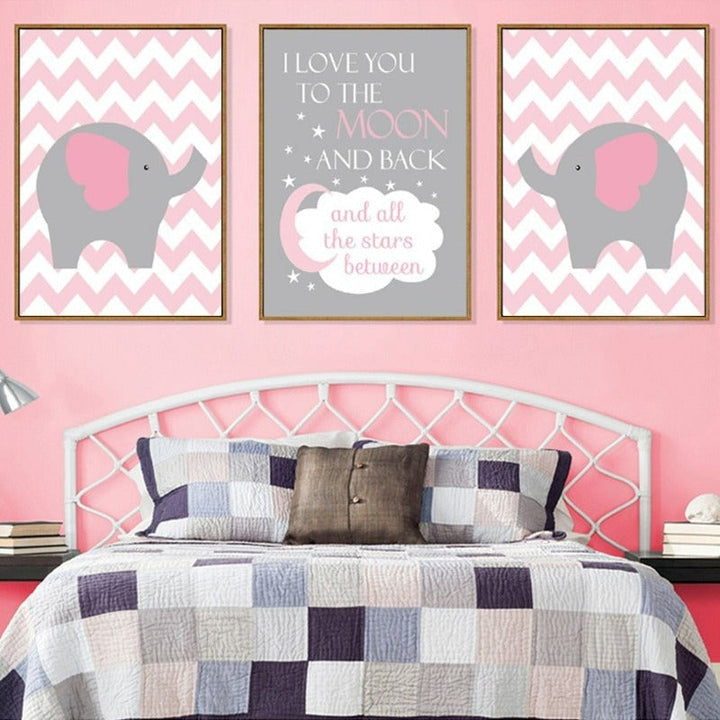 Nordic Cartoon Elephant Pink Moon - Canvas Wall Art Painting | Bowlift