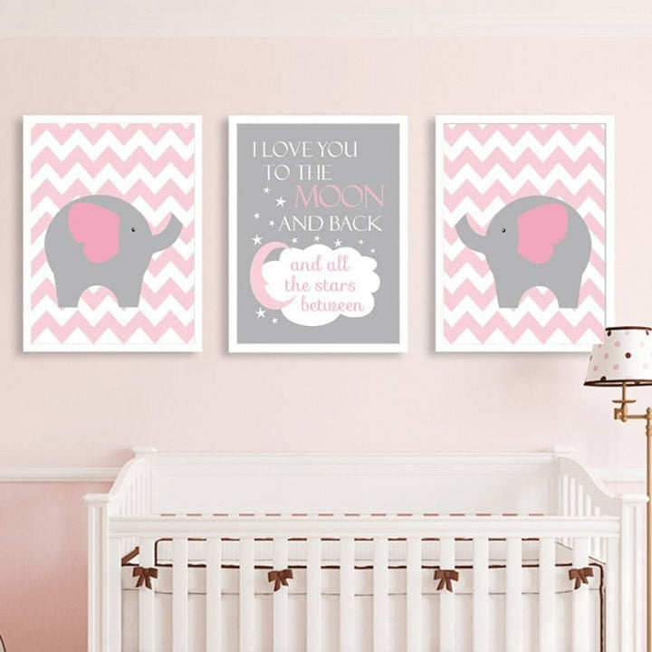 Nordic Cartoon Elephant Pink Moon - Canvas Wall Art Painting | Bowlift