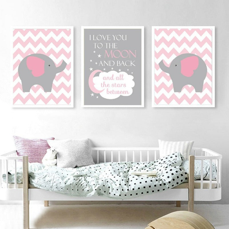 Nordic Cartoon Elephant Pink Moon - Canvas Wall Art Painting | Bowlift