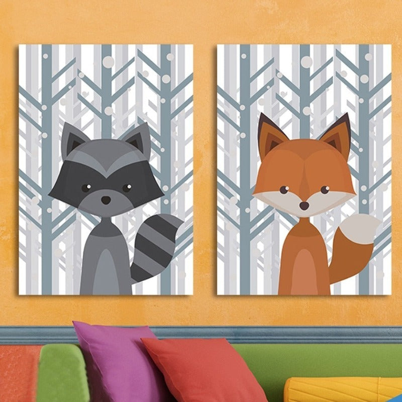 Woodland Fox Deer Animals - Canvas Wall Art Painting | Bowlift