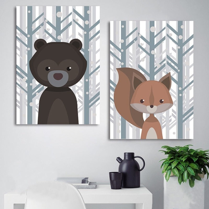 Woodland Fox Deer Animals - Canvas Wall Art Painting | Bowlift