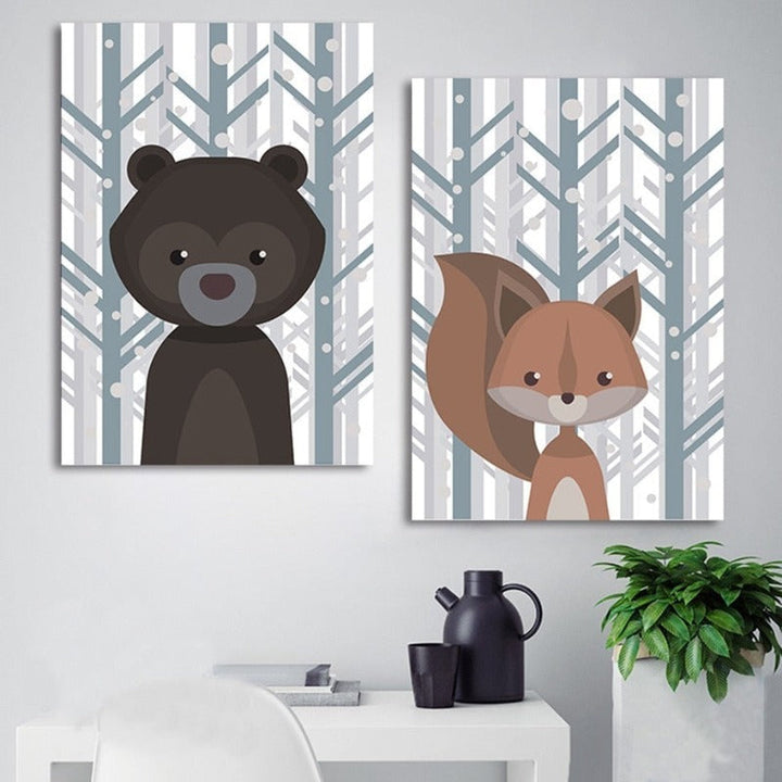 Woodland Fox Deer Animals - Canvas Wall Art Painting | Bowlift
