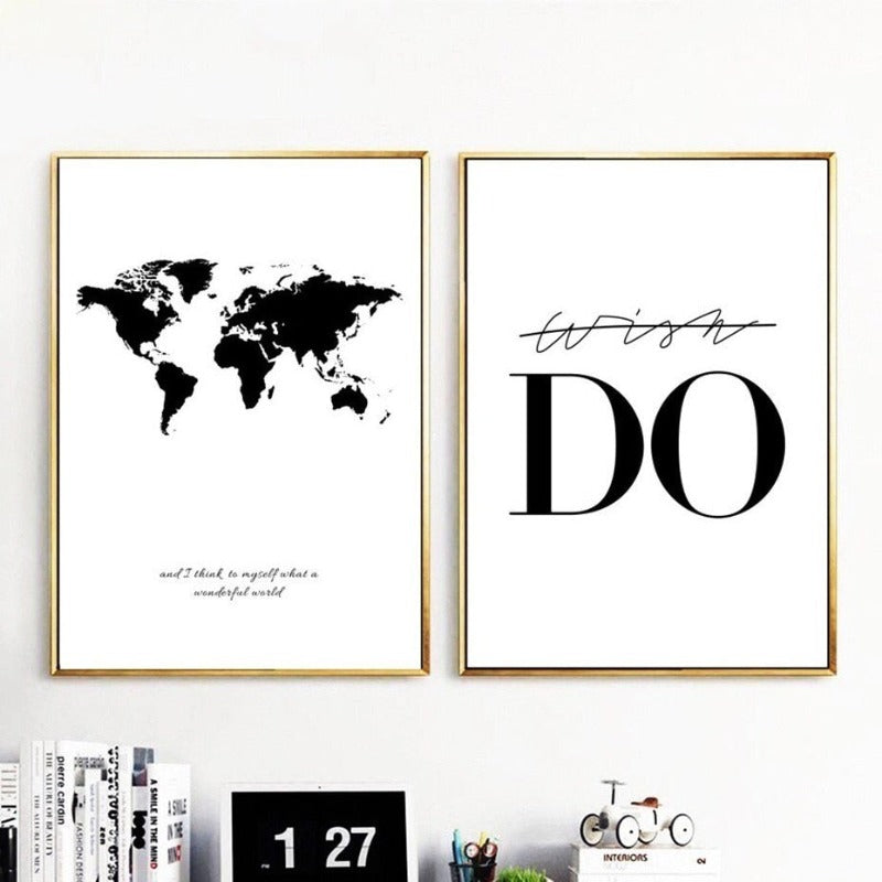 Black White World Map - Canvas Wall Art Painting | Bowlift