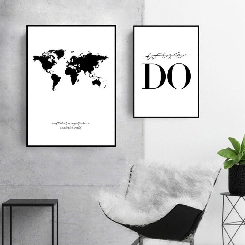 Black White World Map - Canvas Wall Art Painting | Bowlift