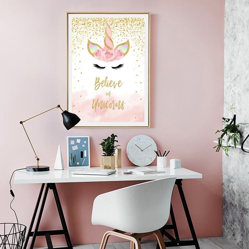 Pink Gold Unicorn - Canvas Wall Art Painting | Bowlift