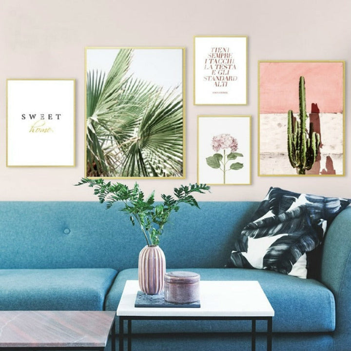Nordic Green Leaves Cactus Pink Flower Sweet Home - Canvas Wall Art Painting | Bowlift