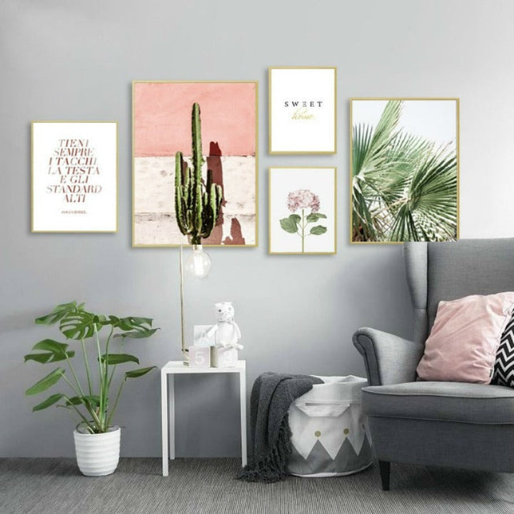 Nordic Green Leaves Cactus Pink Flower Sweet Home - Canvas Wall Art Painting | Bowlift