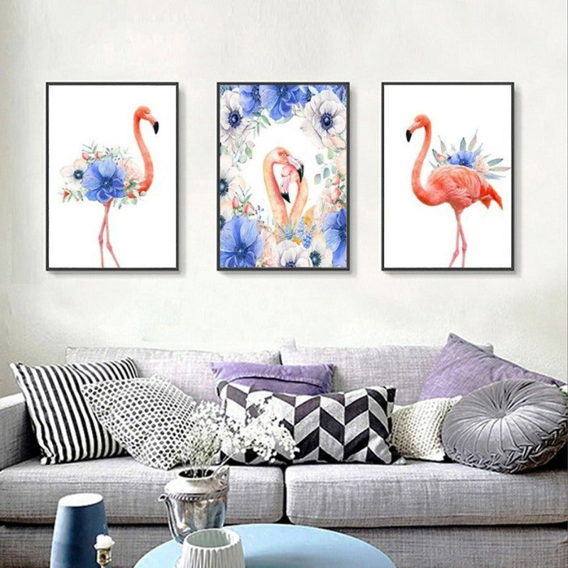 Nordic Animals Flamingo Purple Flower - Canvas Wall Art Painting | Bowlift