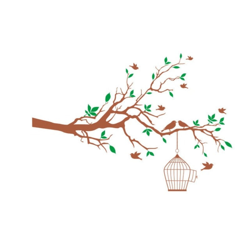 Tree Branch Wall Art Sticker with Bird Cage Removable Vinyl Wall Decals | Bowlift