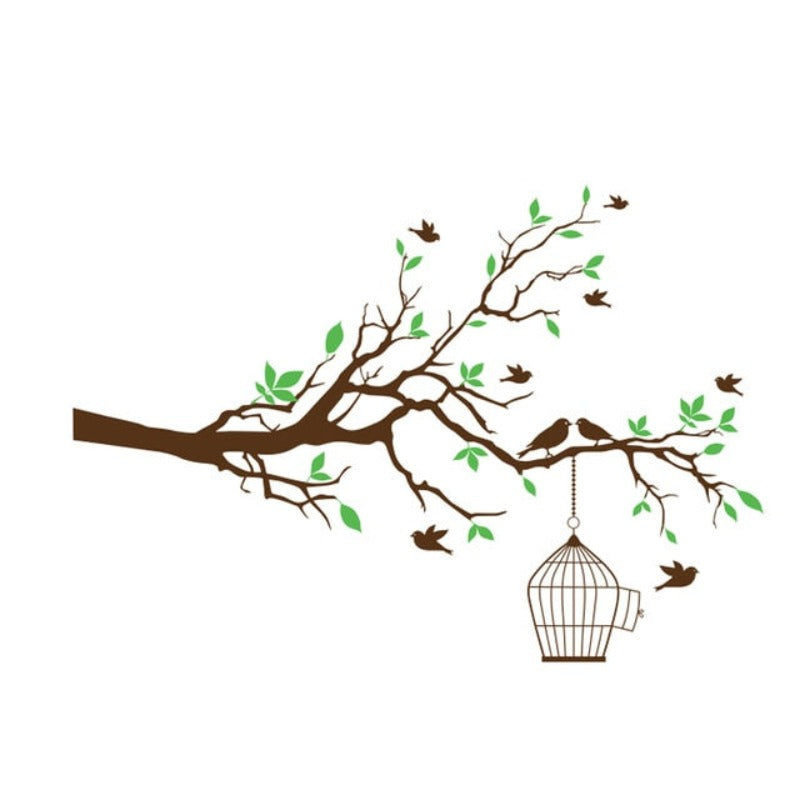 Tree Branch Wall Art Sticker with Bird Cage Removable Vinyl Wall Decals | Bowlift