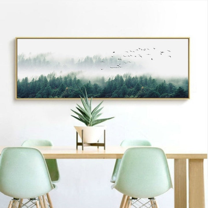 Nordic Fog Birds Foresters Landscape - Canvas Wall Art Painting | Bowlift