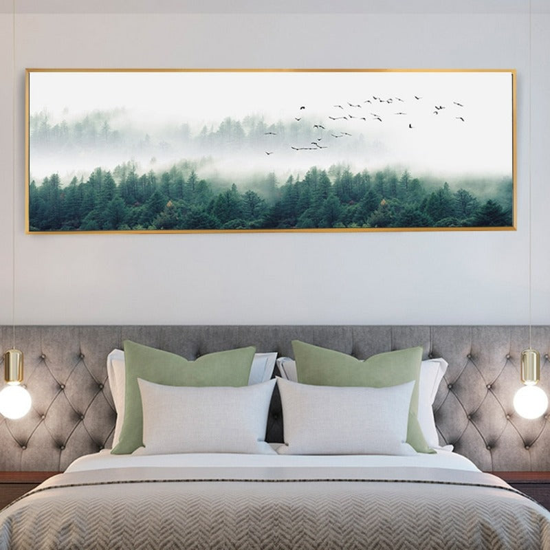 Nordic Fog Birds Foresters Landscape - Canvas Wall Art Painting | Bowlift