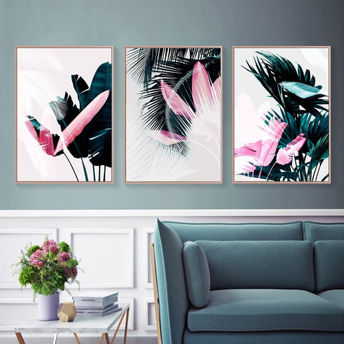 Modern Tropical Leaves Dark Green Nordic - Canvas Wall Art Painting | Bowlift