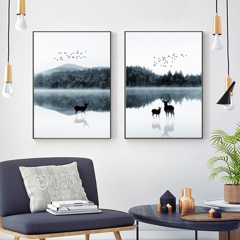 Nordic Scandinavia Landscape Deer - Canvas Wall Art Painting | Bowlift