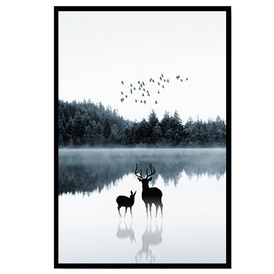 Nordic Scandinavia Landscape Deer - Canvas Wall Art Painting | Bowlift