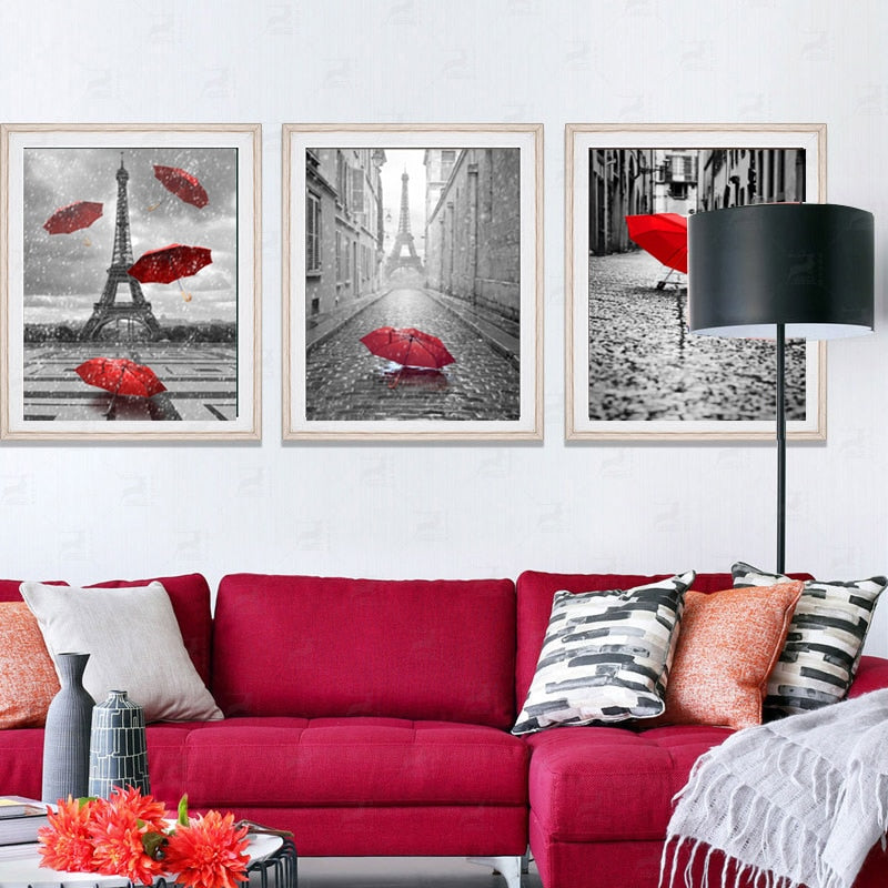 Vintage Eiffel Tower Red Umbrella - Canvas Wall Art Painting | Bowlift