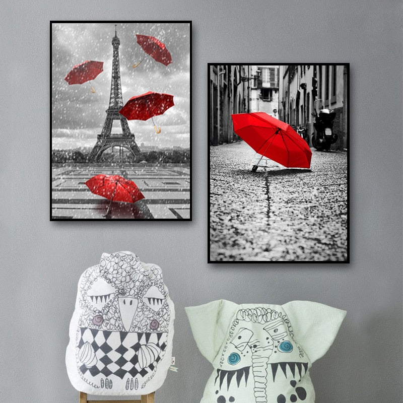 Vintage Eiffel Tower Red Umbrella - Canvas Wall Art Painting | Bowlift