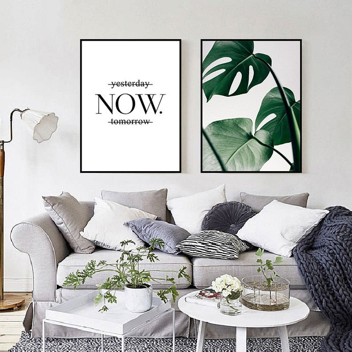 Green Leaves Plants Now Inspiring Quote - Canvas Wall Art Painting | Bowlift
