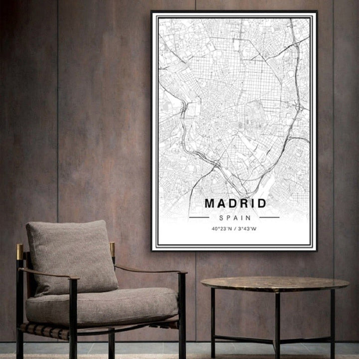 Black And White Madrid City Map Latitude Longitude Prints Poster | Bowlift