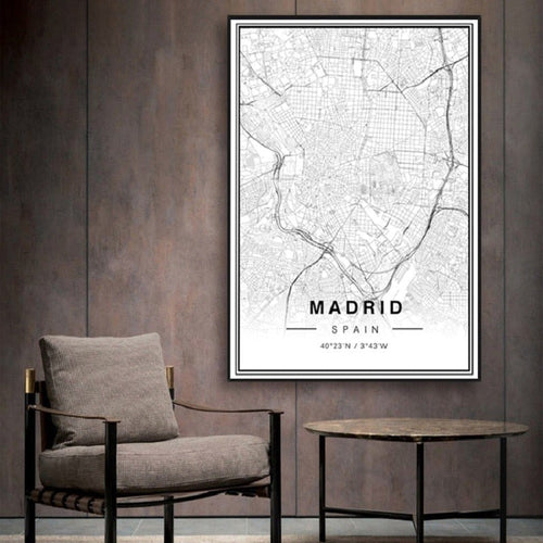 Black And White Madrid City Map Latitude Longitude Prints Poster | Bowlift