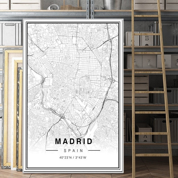 Black And White Madrid City Map Latitude Longitude Prints Poster | Bowlift