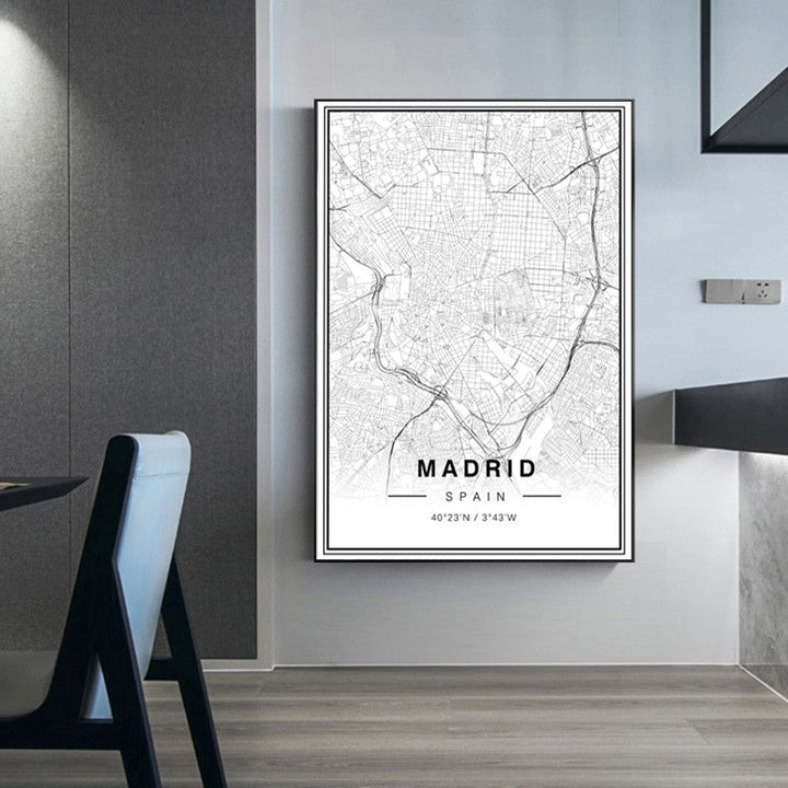 Black And White Madrid City Map Latitude Longitude Prints Poster | Bowlift