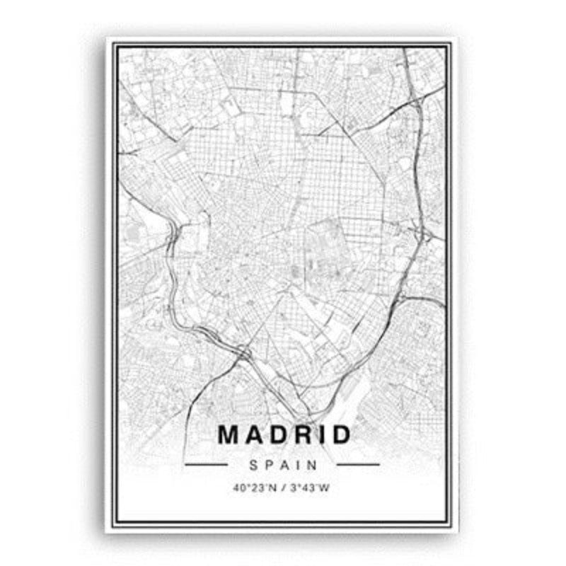 Black And White Madrid City Map Latitude Longitude Prints Poster | Bowlift