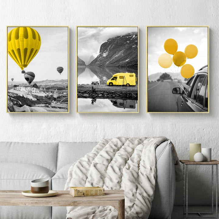 Modern Travel Poster Yellow Air Balloon - Canvas Wall Art Painting | Bowlift