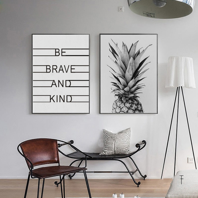 Pineapple Be Brave & Kind Classic Quotes - Canvas Wall Art Painting | Bowlift