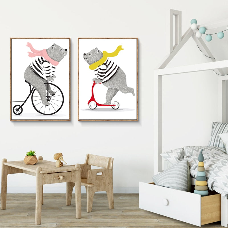 Playing Bear On Bike - Canvas Wall Art Painting | Bowlift