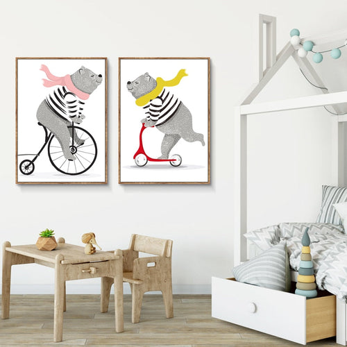 Playing Bear On Bike - Canvas Wall Art Painting | Bowlift