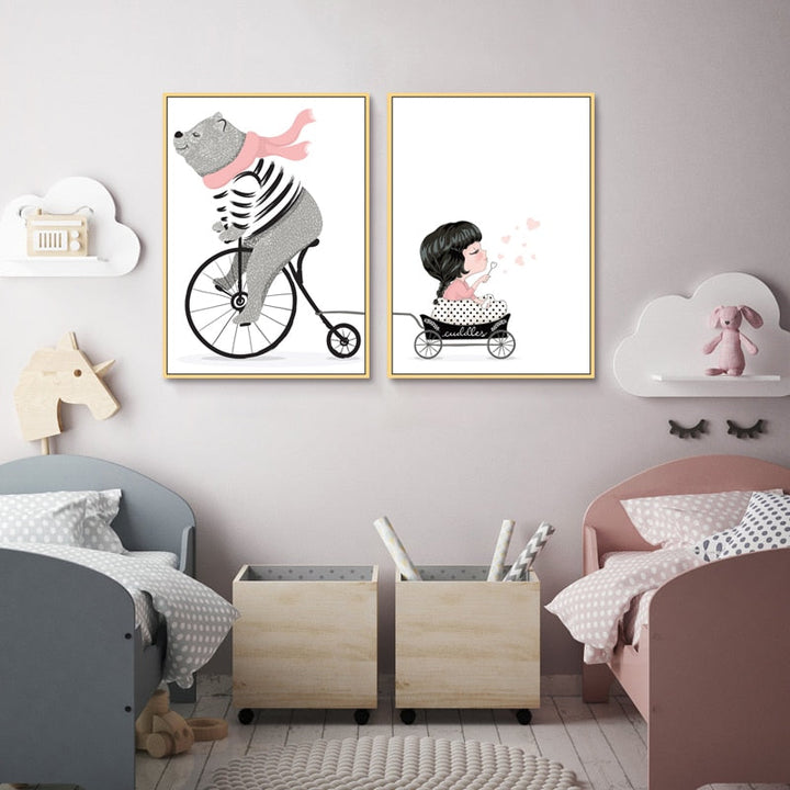 Playing Bear On Bike - Canvas Wall Art Painting | Bowlift