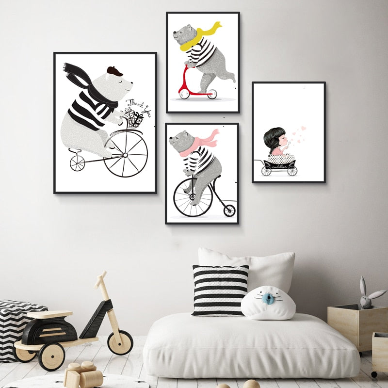 Playing Bear On Bike - Canvas Wall Art Painting | Bowlift