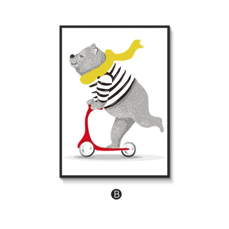Playing Bear On Bike - Canvas Wall Art Painting | Bowlift
