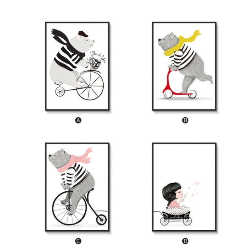 Playing Bear On Bike - Canvas Wall Art Painting | Bowlift
