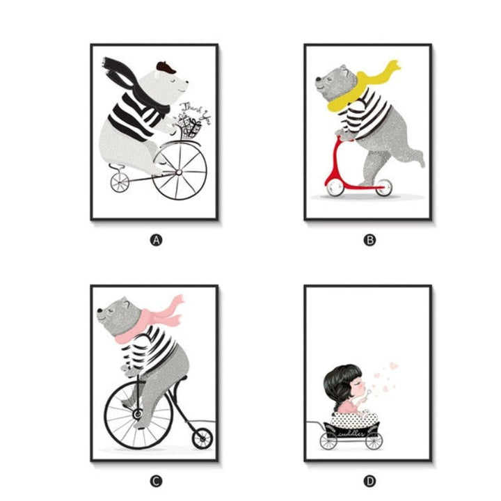 Playing Bear On Bike - Canvas Wall Art Painting | Bowlift