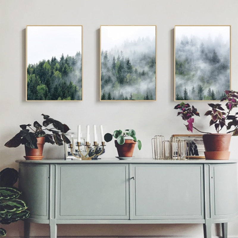 Nature Fog Forest Landscape Nordic  - Canvas Wall Art Painting | Bowlift