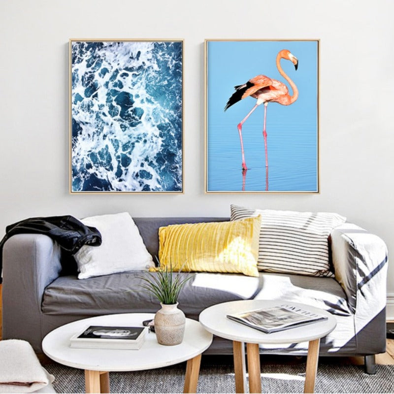 Flamingo In Seascape - Canvas Wall Art Painting | Bowlift