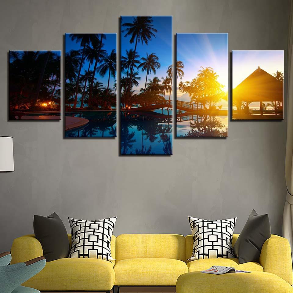 Coconut Trees And Sunset Seascape - Canvas Wall Art Painting | Bowlift