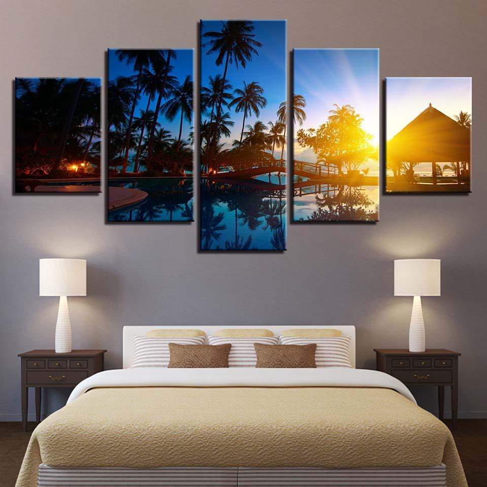 Coconut Trees And Sunset Seascape - Canvas Wall Art Painting | Bowlift