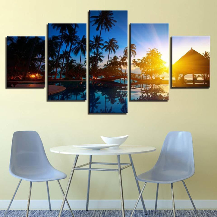 Coconut Trees And Sunset Seascape - Canvas Wall Art Painting | Bowlift