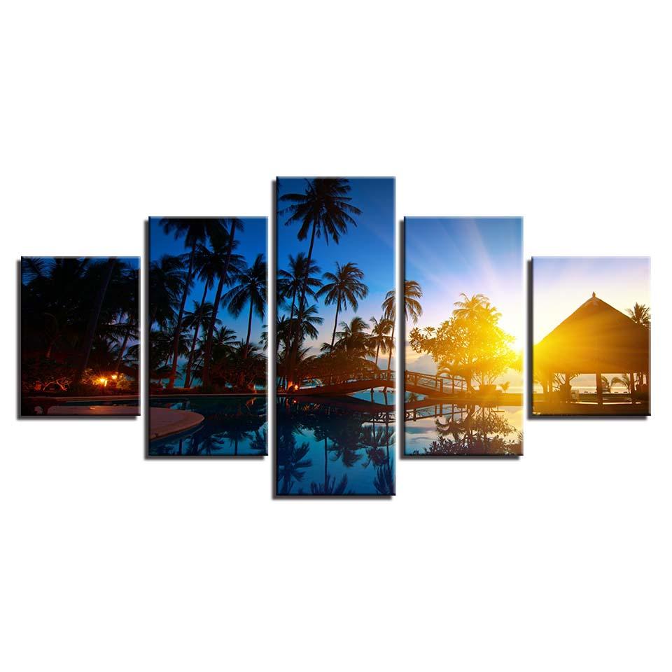 Coconut Trees And Sunset Seascape - Canvas Wall Art Painting | Bowlift
