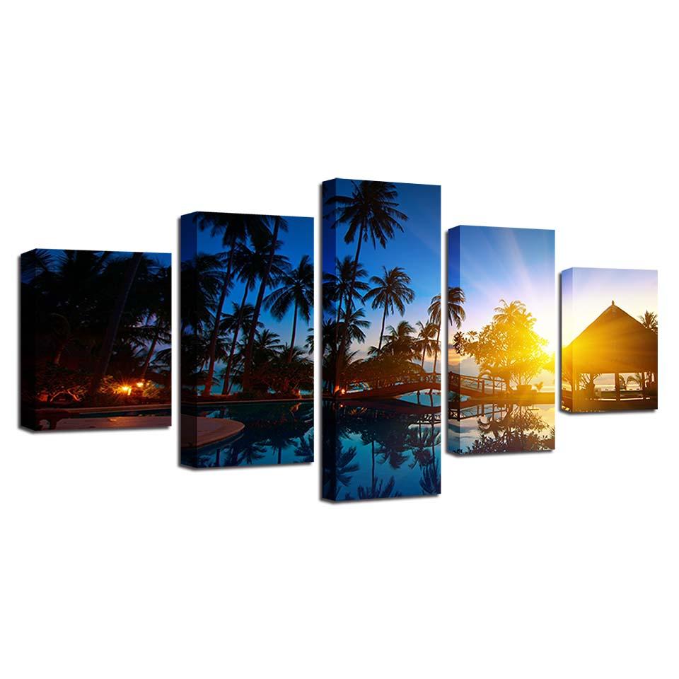 Coconut Trees And Sunset Seascape - Canvas Wall Art Painting | Bowlift