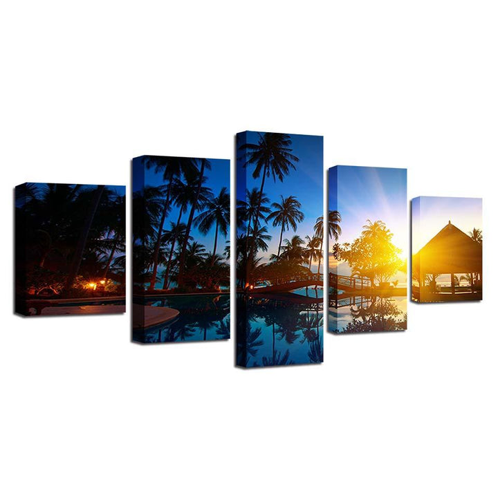 Coconut Trees And Sunset Seascape - Canvas Wall Art Painting | Bowlift
