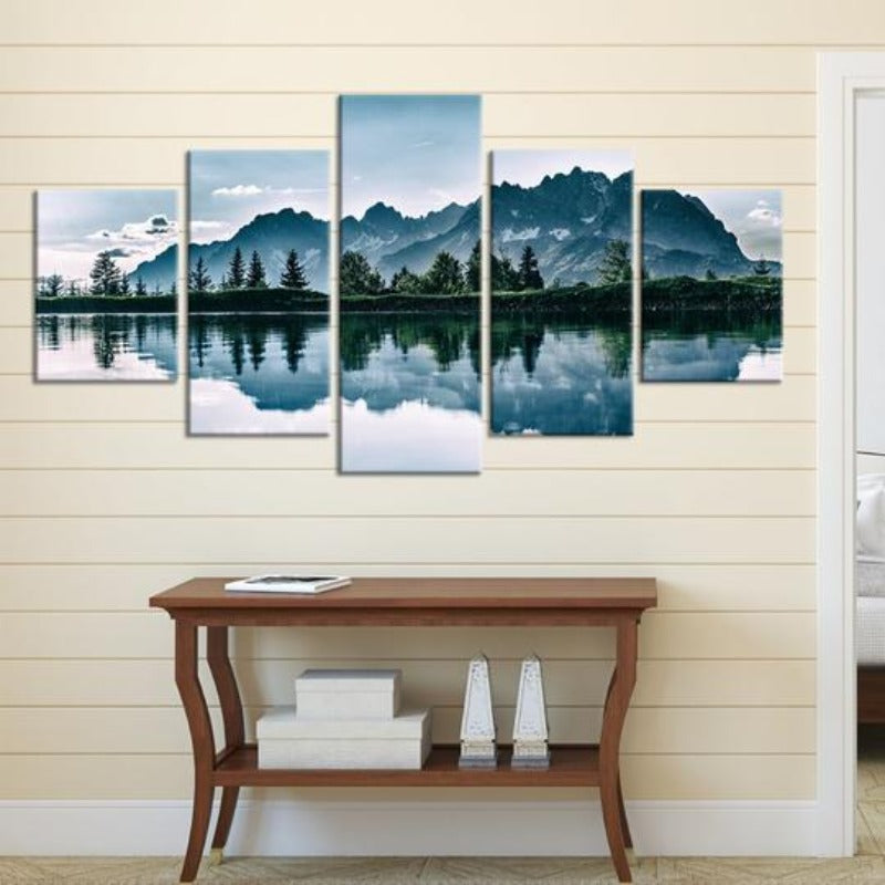 Mountains Lake Tree Scenery - Canvas Wall Art Painting | Bowlift