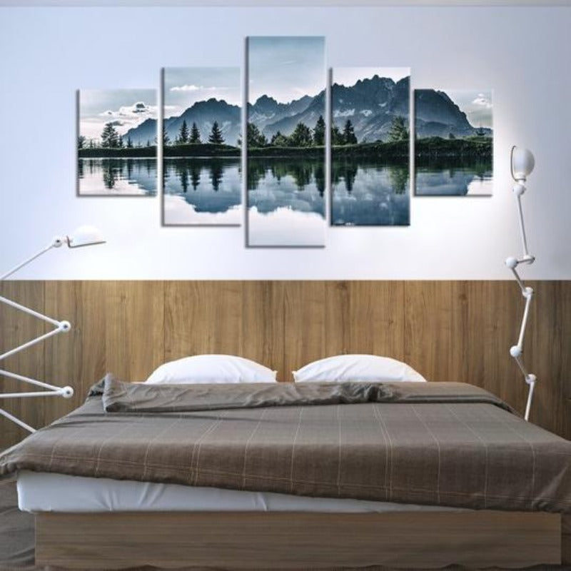 Mountains Lake Tree Scenery - Canvas Wall Art Painting | Bowlift