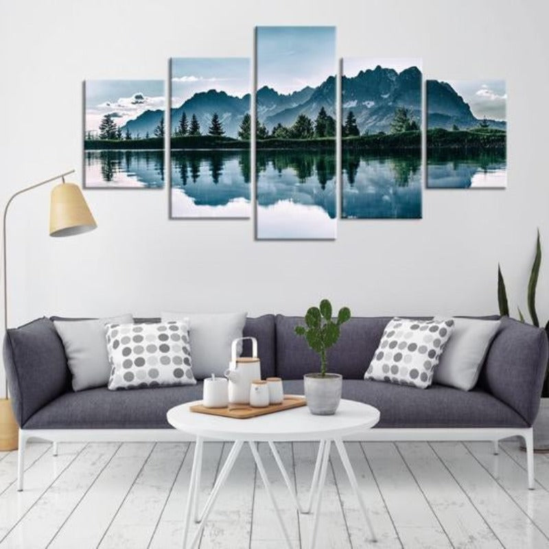 Mountains Lake Tree Scenery - Canvas Wall Art Painting | Bowlift