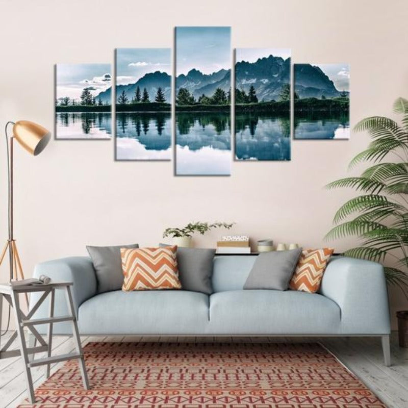 Mountains Lake Tree Scenery - Canvas Wall Art Painting | Bowlift