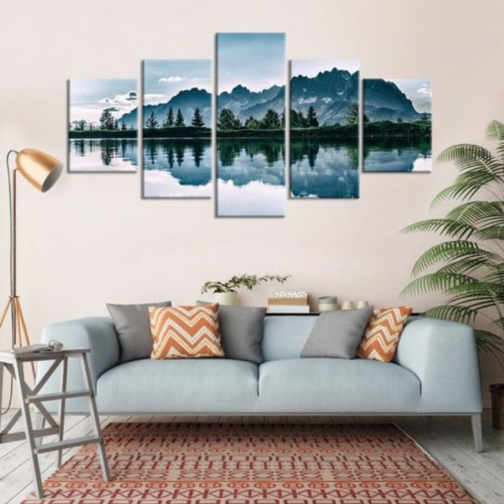 Mountains Lake Tree Scenery - Canvas Wall Art Painting | Bowlift